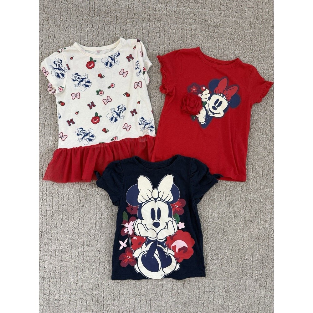 Disney Minnie Mouse Girls Shirt Lot of 3 Size 5 Graphic Tops Red Blue White